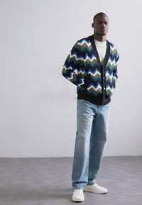 Cardigan cu un model zigzag multicolor în albastru, verde și alb, cu margini și nasturi negri, purtat cu blugi albaștri deschiși și adidași albi.