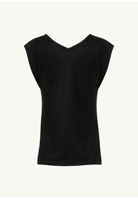 Schwarzes Kurzarmoberteil mit V-Ausschnitt, aus weichem Material gefertigt, hat eine lockere Passform und eine glatte Textur, geeignet für Freizeitbekleidung.