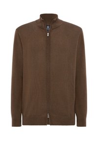 Dark brown zip-up sweater with a high collar, ribbed texture, and long sleeves, featuring a simple design without patterns or embellishments.