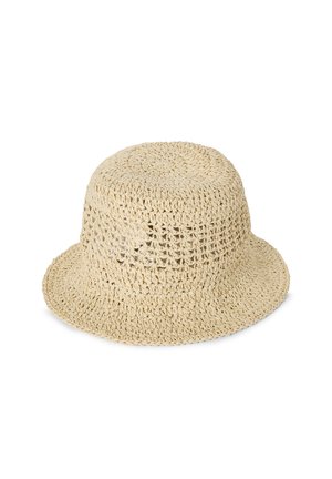 Chapeau seau en crochet beige avec une large bordure, présentant un motif en tissage ouvert et une finition texturée. Convient pour les temps chauds.