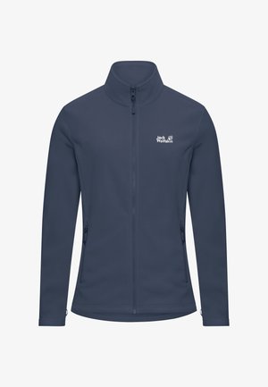 Veste en polaire bleu marine avec un col montant, une fermeture éclair intégrale, des poches latérales et un petit logo blanc sur la poitrine. Texture lisse et coupe ajustée.