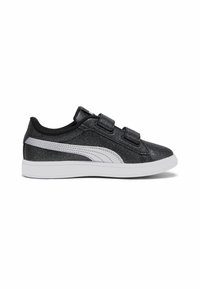 Schwarze Glitzer-Sneaker mit weißen Akzenten, ausgestattet mit zwei verstellbaren Klettverschlussriemen, einer runden Zehenpartie und einer weißen Gummisohle.