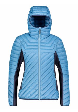 Blauer gepolsterter Jacke mit Kapuze, diagonal gestepptem Muster, elastischen marineblauen Ärmeln und einem Reißverschluss vorne. Seitentaschen sind vorhanden.