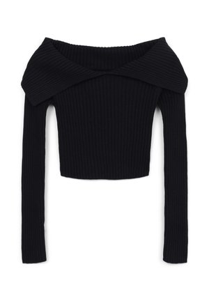 Haut en tricot côtelé noir, décolleté épaule dénudée avec manches longues, doté d'un large col et d'un design court, mettant l'accent sur la texture et la forme.