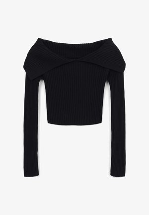 Top nero a costine off-the-shoulder con maniche lunghe, dotato di un ampio colletto e design cropped, che enfatizza texture e forma.