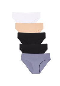 Cinque paia di mutandine da donna in bianco, nudo, nero e lavanda, realizzate in un tessuto liscio e elastico con un design classico.