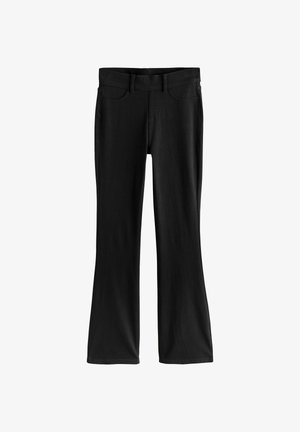 Svarta utsvängda byxor gjorda av strapazierbart tyg, med en åtsittande midja, två framsid pocketar och en slät struktur.