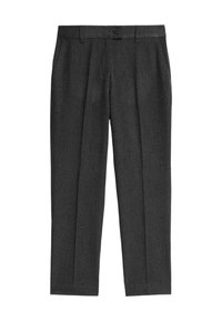 Pantalones de vestir rectos en gris oscuro con botón frontal y presillas para el cinturón, con bolsillos laterales y una línea planchada a lo largo de las piernas.
