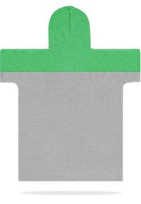 Kapuzensommergewand in Grün und Grau. Weicher, saugfähiger Stoff. Rechteckige Form mit einer Kapuze und offenen Seiten für einfaches Anziehen.