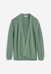 Cardigan vert tricoté à ouverture frontale, avec épaules et poignets texturés, manches longues et coupe décontractée.