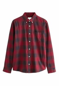 Camisa de cuadros roja y azul marino de manga larga con cuello de botones, botones blancos y un solo bolsillo en el pecho; material de algodón.