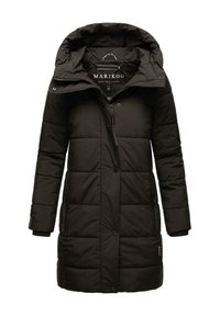 Black puffer coat with a hood, featuring quilted panels, front zipper, buttons, and side pockets. Fabric has a smooth, matte texture.
