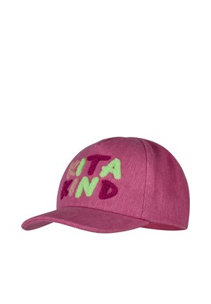 Pink cotton baseball cap with embroidered multicolor letters spelling "TA KIND" on front panel.