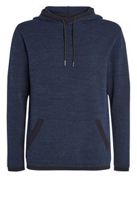Hoodie in Marineblau mit strukturiertem Stoff, Kapuze mit Kordelzug und zwei Seitentaschen. Schwarze Akzente am Saum und an den Taschenkanten. Lässiger Schnitt.