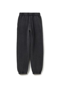 Schwarze Baumwoll-Jogginghose mit elastischem Bund, schmal zulaufenden Beinabschlüssen und weicher Textur. Einfaches Design ohne sichtbare Muster oder Akzente.