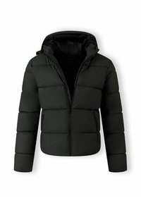 Sort dunjakke, quiltet design, isoleret, lynlås foran, fastgjort hætte, elastiske manchetter, to sidelommer, glat tekstur.