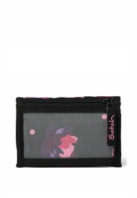 Portafoglio zippered in rete nera con stampa floreale colorata, caratterizzato da una finitura texturizzata e un'etichetta con logo. Design compatto e rettangolare.