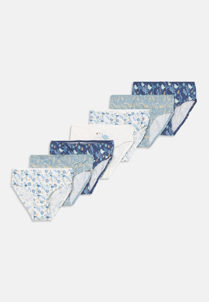 Set van acht damesslips in verschillende tinten blauw en wit, met bloem- en vogelpatronen, gemaakt van katoen, met een klassieke slipontwerp.