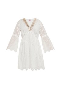 Weißes Kleid mit Lochmuster, V-Ausschnitt und Glockenärmeln. Verfügt über einen goldenen Akzent entlang des Ausschnitts und einen gewellten Saum. Weiche Textur.