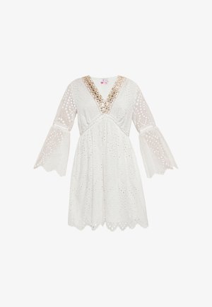 Valge kleit silmadega mustritega, V-kaelusega ja kellukese varrukatega. Kaeluse ääres on kuldne aksent ning alläärel on laineline serv. Pehme tekstuur.