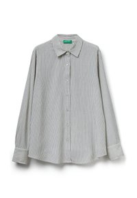 Camisa de botones a rayas en gris claro con rayas oscuras. Presenta un cuello, mangas largas y un dobladillo redondeado. Tejido suave y tejido.