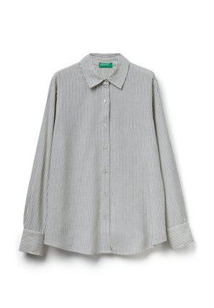 Chemise à rayures grise claire avec des rayures foncées. Dotée d'un col, de manches longues et d'un ourlet arrondi. Tissu lisse et tissé.