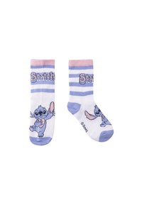 Calzini a strisce blu e bianche con accenti rosa, caratterizzati da un personaggio dei cartoni animati. Il design include una grafica di un personaggio che tiene un cuore.