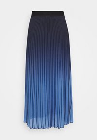 Plisserad midi kjol i gradientnyanser från marinblått till ljusblått, med ett svart elastiskt midjeband och ett lätt, flödande tyg.