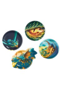 Vier drachenmotivierte Teller: drei rund, einer blattförmig. Die Farben umfassen Blau, Grün, Orange und Schwarz; mit lebhaften, detaillierten Drachenmotiven.