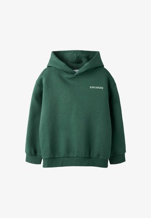 Zaļa kapuce izgatavota no mīksta auduma ar priekšējo kabatu, ar auklu regulējamu kapuci un vārdu "IZPĒTĪŠANA" balta izšuvuma tekstā.