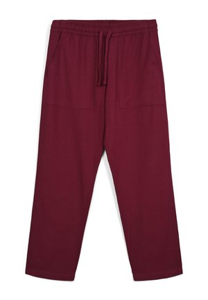 Burgunderfarbene Jogginghosen mit elastischem Bund, Kordelzug und zwei Fronttaschen. Glatte Textur und schmal zulaufende Beine, mittellange Länge.