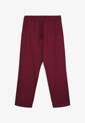 Burgunderfarbene Jogginghosen mit elastischem Bund, Kordelzug und zwei Fronttaschen. Glatte Textur und schmal zulaufende Beine, mittellange Länge.