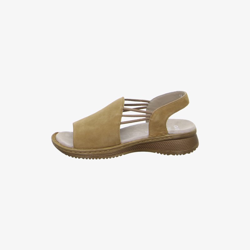 Tan open-toe sandal with elastic side straps, cushioned footbed, and textured low heel for casual wear.