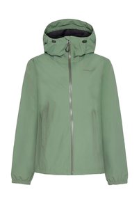 Hellgrüne wasserdichte Jacke mit Reißverschluss vorn, verstellbarer Kapuze, elastischen Bündchen und Seitentaschen. Glatte Textur, minimalistisches Design.