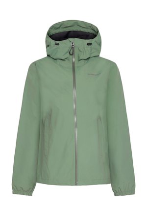 Hellgrüne wasserdichte Jacke mit Reißverschluss vorn, verstellbarer Kapuze, elastischen Bündchen und Seitentaschen. Glatte Textur, minimalistisches Design.