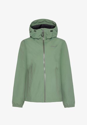 Light green waterproof jacket with a zip front, adjustable hood, elastic cuffs, and side pockets. Smooth texture, minimalistic design.