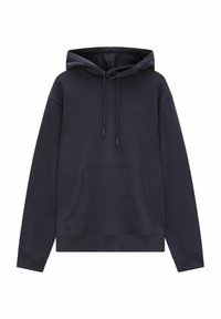 Navyblå hoodie i mjukt tyg, med snörning, framficka och ribbade muddarna. Enkel design med minimala detaljer.