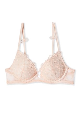 Jasnoróżowy koronkowy biustonosz z kwiatowym haftem, falistym brzegiem, regulowanymi podwójnymi ramiączkami oraz miseczkami z fiszbinami.