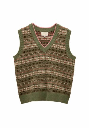 Ärmellose grüne Strickweste mit V-Ausschnitt. Verziert mit komplizierten Mustern in Rot, Weiß und Braun. Mit Rippkanten und einer weichen Textur.
