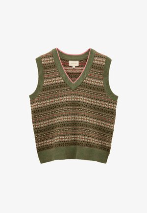 Ärmellose grüne Strickweste mit V-Ausschnitt. Verziert mit komplizierten Mustern in Rot, Weiß und Braun. Mit Rippkanten und einer weichen Textur.