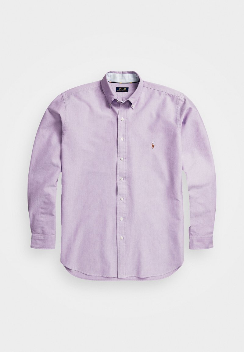 Light purple cotton button-up shirt with long sleeves and a pointed collar. Features a small embroidered logo on the left chest.