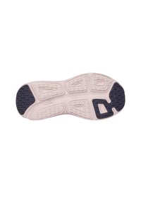 Suela de zapato con una combinación de colores negro y rosa claro. Presenta una superficie texturizada con patrones geométricos para tracción.