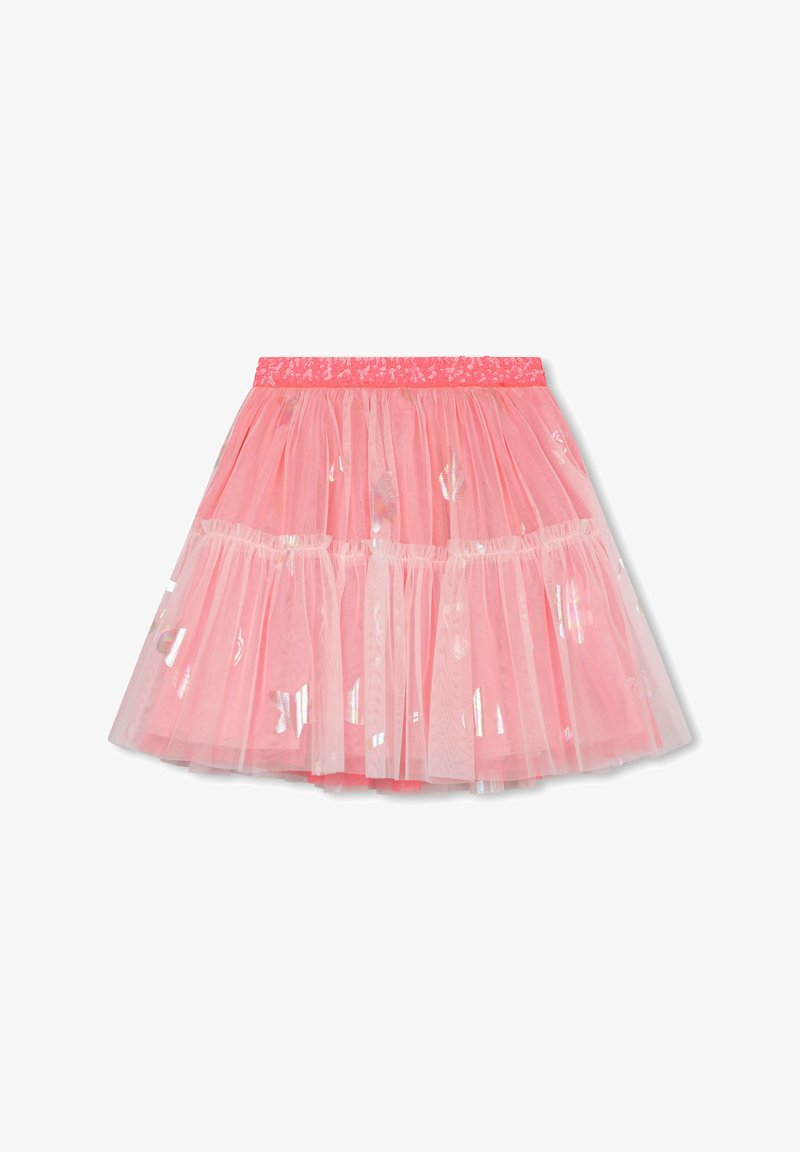 Világos rózsaszín tüllszoknya csillogó rózsaszín derékrésszel. Több rétegű kialakítással és irizáló díszítésekkel a szöveten.