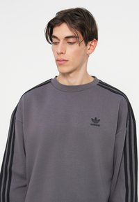Grå sweatshirt med rundhals, svarta tre-randsaccenter på ärmarna och en liten svart Adidas-logotyp på bröstet. Slät textur.