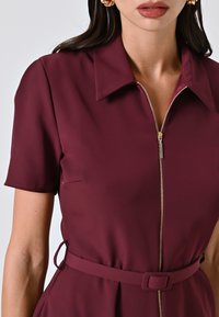 Burgunderfarbenes Kleid mit Kragen, kurzen Ärmeln und einem sichtbaren Frontreißverschluss. Enthält einen passenden Gürtel und subtile Nähdetails.