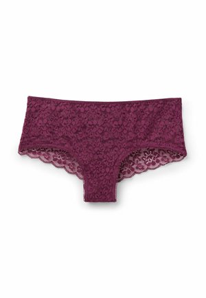 Bordeaux kant meisjesboxers met een bloemmotief, golvende randen en een gladde tailleband. Zachte textuur en semi-doorzichtig materiaal.
