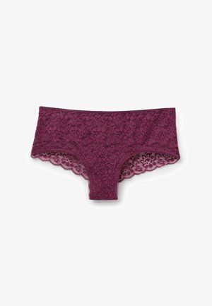 Maroon lace boyshorts with a floral pattern, scalloped edges, and a smooth waistband. Soft texture and semi-sheer material.