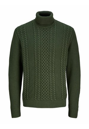Green knitted sweater with a high ribbed collar, featuring textured patterns and cable knit design throughout the body and sleeves.