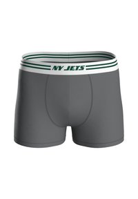 Šedé boxerky s bílým a zeleným proužkovaným pasem s nápisem "NY JETS". Hladká textura, přiléhavý střih a středně dlouhý řez.