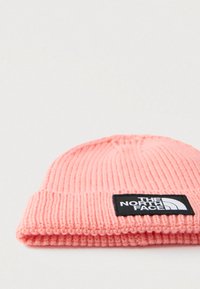 Ροζ πλεκτός σκούφος με ριγωτή υφή, διπλωμένη μανσέτα και μαύρο τετράγωνο ταμπελάκι με λευκό κείμενο και λογότυπο της The North Face.